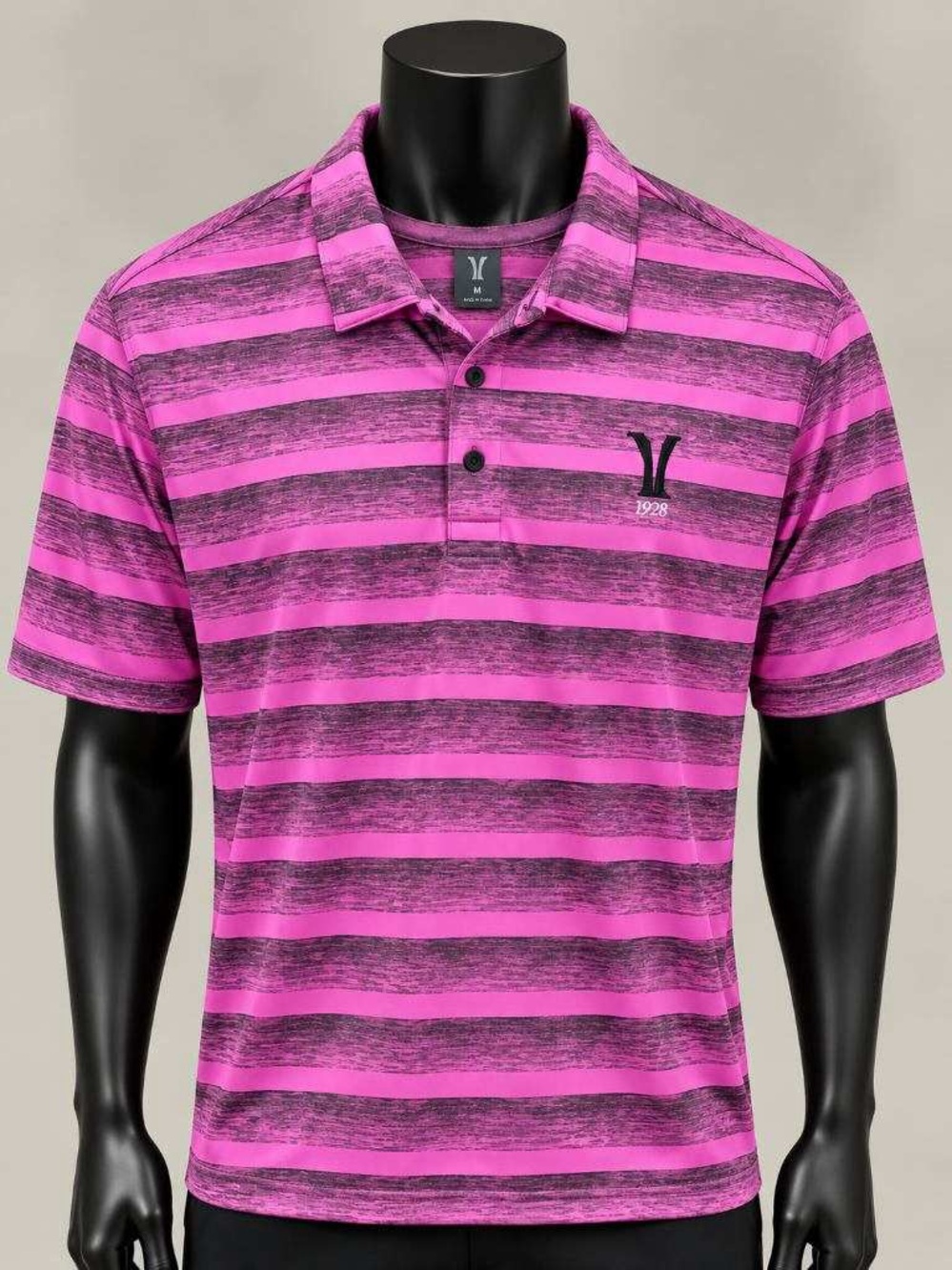 adidas Men's Pink and Black Striped Polo